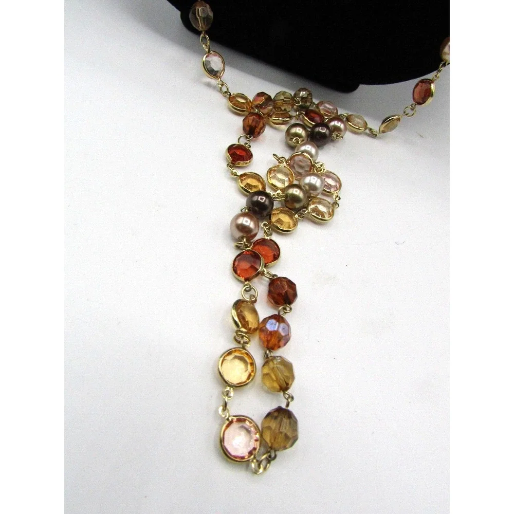 Premier Designs Amber/Citrine Lucite Bezel Beaded Faux Pearl Gold Tone Necklace - Picture 4 of 5